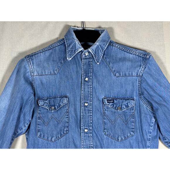 Wrangler ProGear Denim Western Shirt USA Made 15x33 Long Tail Stain - Picture 13 of 16